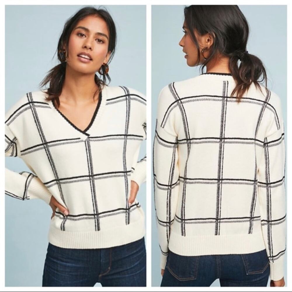 Anthropologie Moth Black White Windowpane Plaid V-Neck Sweater
